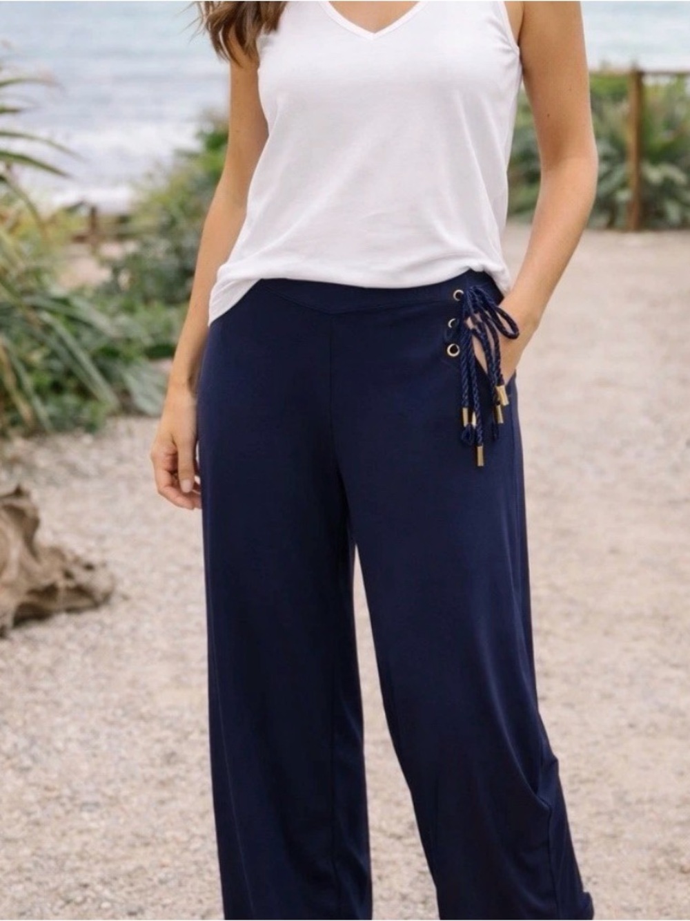 Ralph Lauren Deep Navy Wide-Leg Jersey Pull-On Pants with Side Lace-Up, NWT